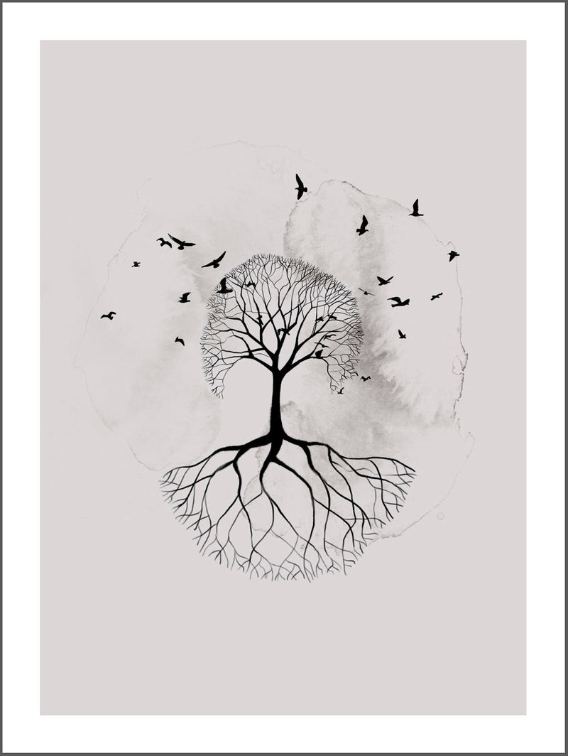 Tree & Birds Grey Poster